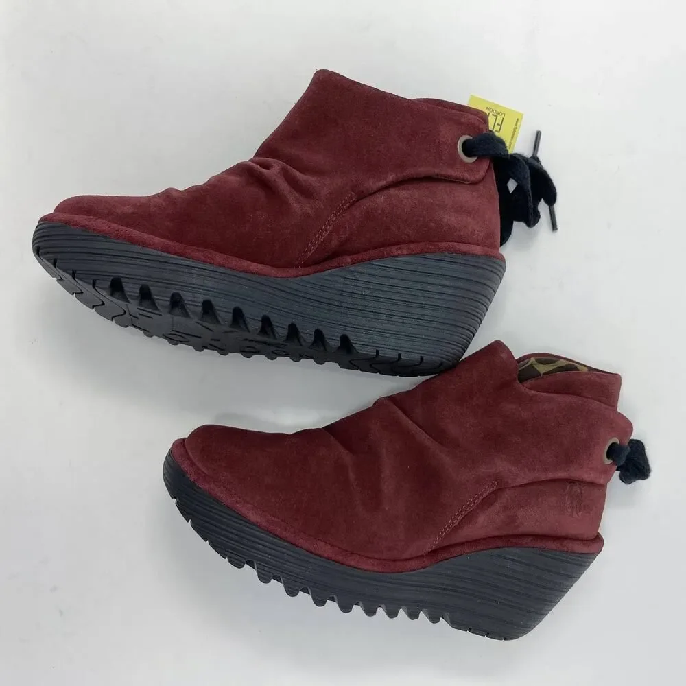 Fly London Women's NEW Yebi Wine Suede Ruched Ankle Booties EU 36 US 5.5 Wedge